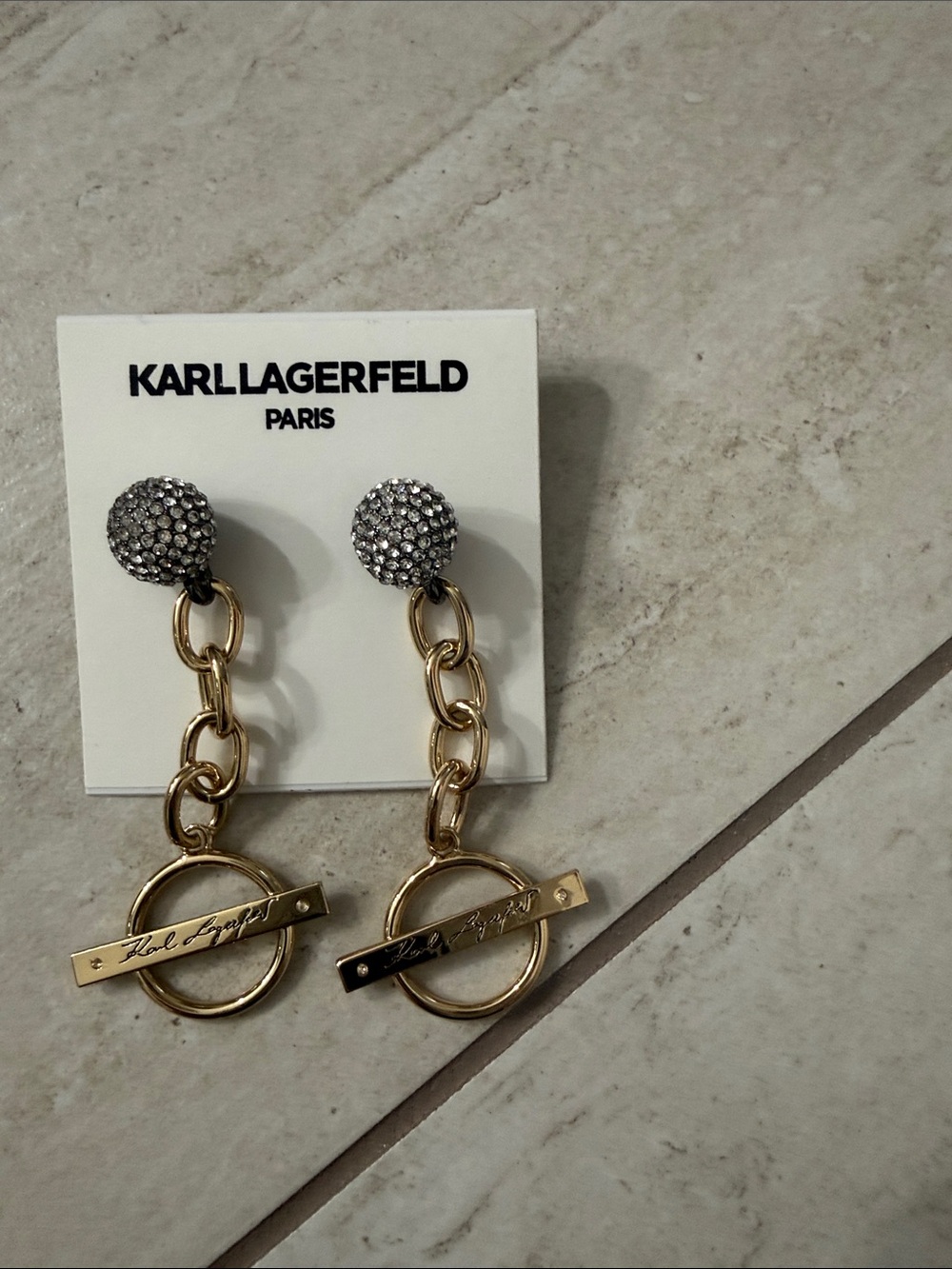 Karl Lagerfeld Gold Chain Drop Earrings with Crystal Studs..new ..authentic